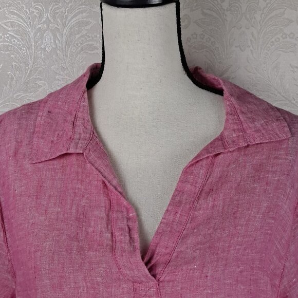 Tahari Size 1X 100% Linen Pink Blouse 3/4 Sleeve Collared V-Neck Side Buttons - Picture 2 of 10